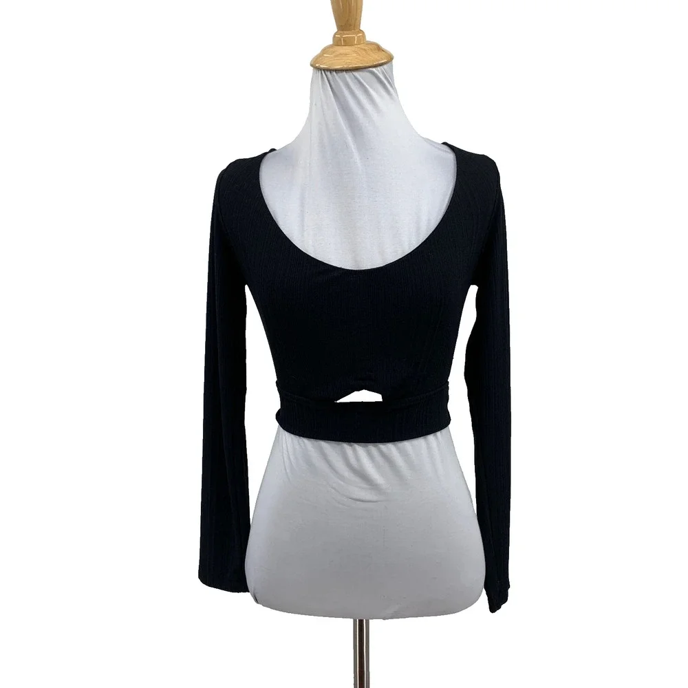 FP Beach Top Womens XS Extra Small Black Cropped Cutout Long Sleeve Free People